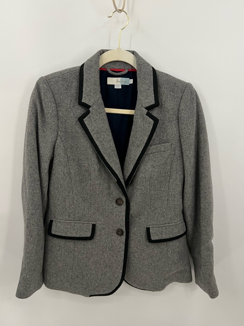 Boden Grey Contrast-Trim Wool Blend Blazer